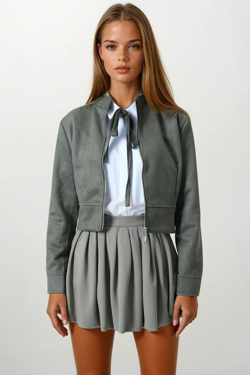 Chic Suede-Textured Short Jacket