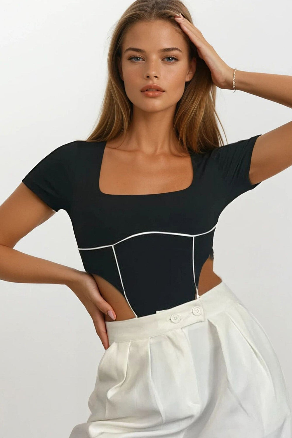 Chic White Square-Neck Bodysuit