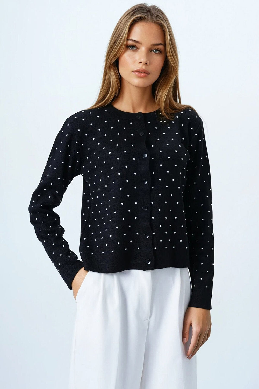 Chic Polka-Dot Button-Detail Blouse