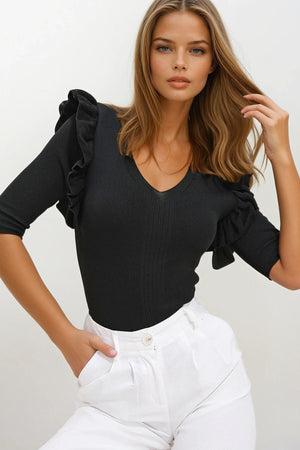 Chic Black Ruffle-Sleeve Blouse