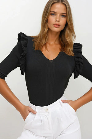 Chic Black Ruffle-Sleeve Blouse